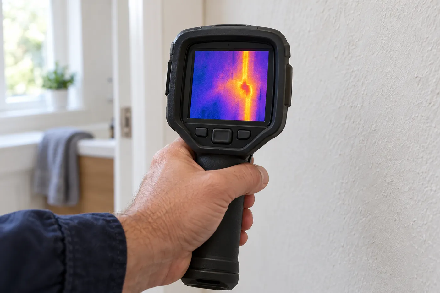 Caméra thermique pointée sur un mur, l'écran montrant la trace chaude d'une canalisation qui fuit